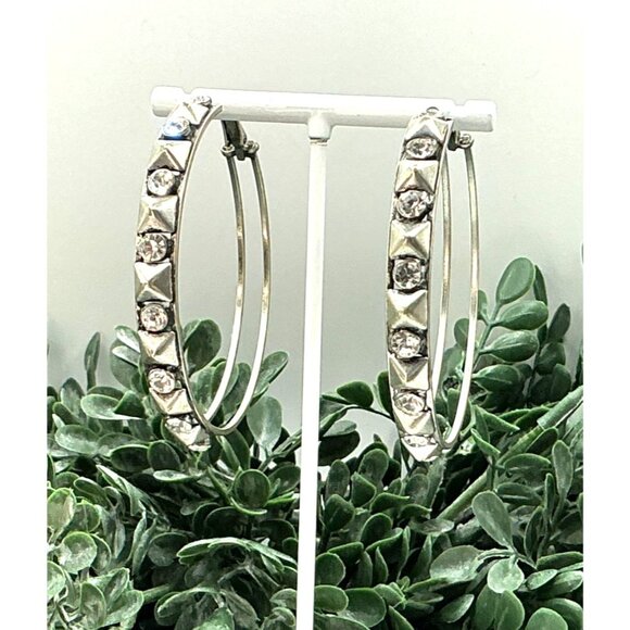 Silver Tone Hoop Earrings With Rhinestone and Stud Detailing - Picture 2 of 6